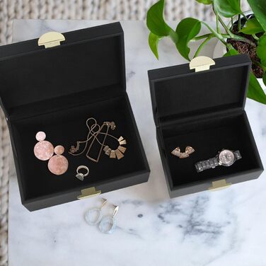 Шкатулки для ювелірних виробів HofferRuffer зі штучної шкіри, декоративні скриньки для зберігання, органайзери для аксесуарів із золотистою фурнітурою, класична чорна веганська шкіра, набір з 2 шт.