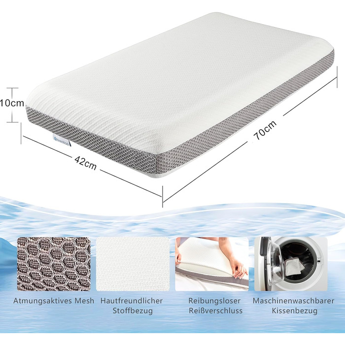 Ортопедична подушка для шиї з піни з ефектом пам&39яті, середньої жорсткості та м&39якої, двостороння ергономічна подушка для шиї зі знімним чохлом, сертифікована Oeko-Tex, сіро-біла, 70x42x10 см