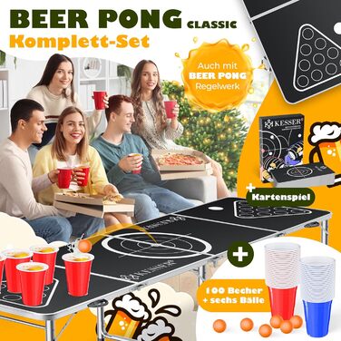 Набір столів для пивного понгу KESSER з картковою грою, питною грою - вкл. 100 стаканчиків (50 червоних та 50 синіх), 6 м&39ячів книга правил. Стіл для вечірок з регульованою висотою, складний, класичний карткова гра.