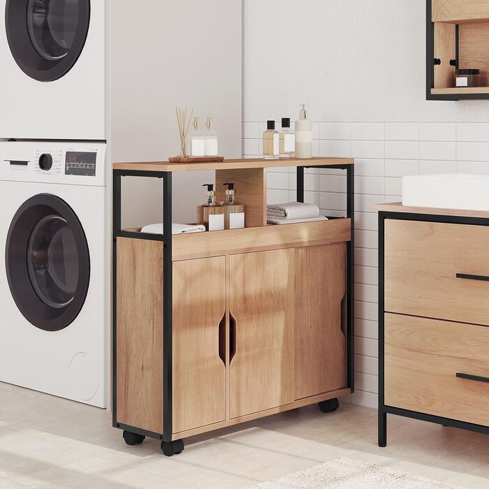 Шафка для ванної кімнати EUGAD, вузька нішева шафка, шафка для ванної кімнати з 2 відкритими відділеннями, регульована полиця, розсувні дверцята, нішева полиця з колесами, 70x70x20 см, чорний світлий дуб E1-MDF метал 70x20x70 см