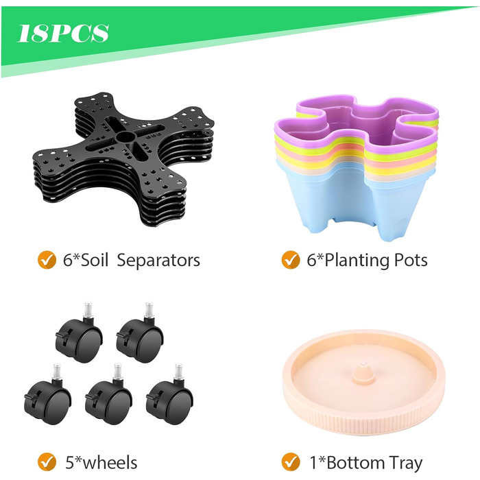 Вежа для рослин WADEO з горщиками, що штабелюються, вертикальний сад з 6 ярусами, горщик для полуниці, трав, квітів та овочів, що штабелюється, економія місця до 12 рослин (різнокольоровий)