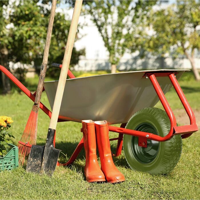 Колесо для тачки KRUMAD PU-піна 4.80/4.00-8, до 180 кг, з віссю, не проколюється, не потребує обслуговування, сталевий диск, подвійний кульковий підшипник, запасне колесо для тачок та візків, захист від проколів, темно-зелений