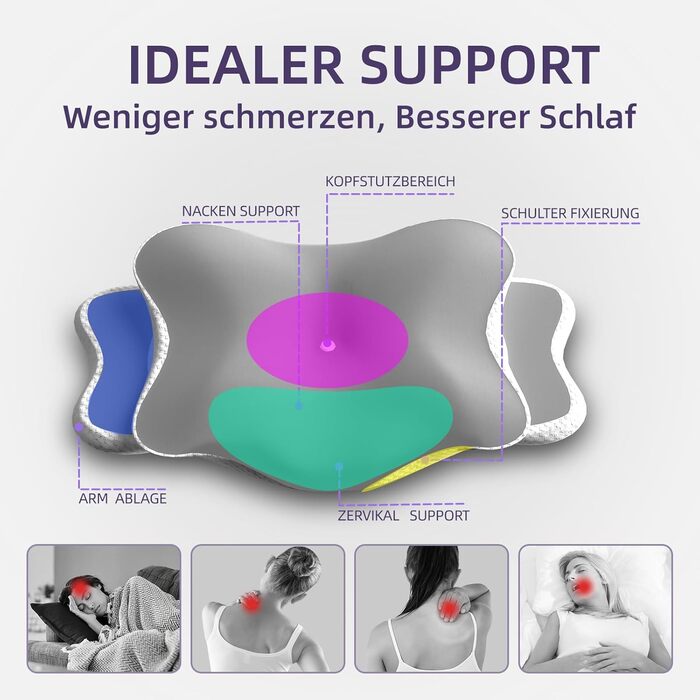 Подушка для шиї MEINZII&39S, ергономічна подушка, ортопедична подушка для сну на боці, спині та животі (сріблясто-сіра)