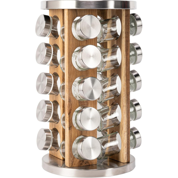 Обертова карусель для спецій з 20 баночками для спецій - Кругла карусельна підставка для спецій - Органайзер для спецій - Підставка для спецій з нержавіючої сталі та дерева - Обертова карусель для спецій - Дерев&39яна підставка для спецій 20 x 20 x 31 см