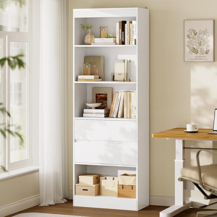 Книжкова шафа, книжкова шафа з 2 шухлядами та 4 відділеннями, шафа для вітальні з регульованими полицями, висока шафа для вітальні, спальні, кабінету, кухні, компактна, 180x60x24 см, білий