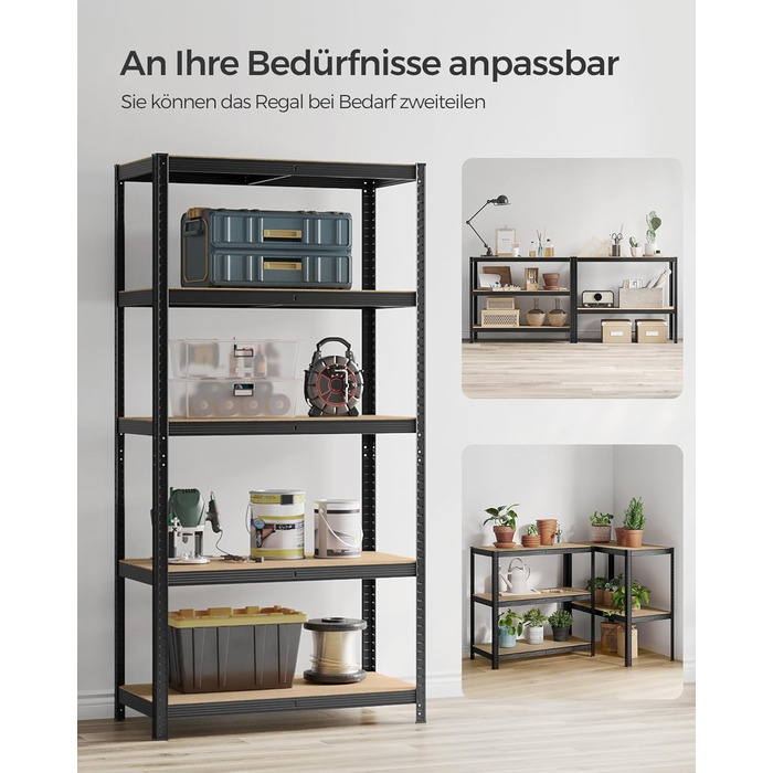 Ярусний стелаж SONGMICS, 50 x 100 x 200 см, вантажопідйомність 600 кг, регульовані полиці, індустріальний стиль, для кухні, вітальні, чорний GLR050B01 50 x 100 x 200 см Чорний, 5-