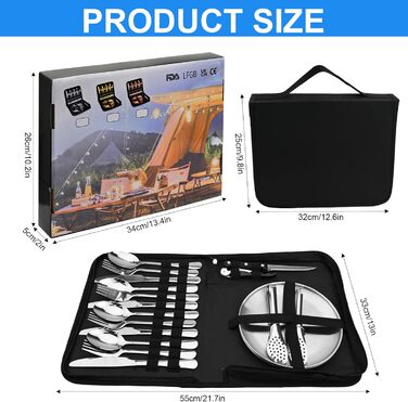 Набір столових приборів з нержавіючої сталі для кемпінгу на 4 особи, набір посуду для пікніка з 20 предметів з ложкою, виделкою, ножем, тарілкою, затискачем та відкривачкою для пляшок - Портативний набір столових приборів для кемпінгу та пікніків (Срібний