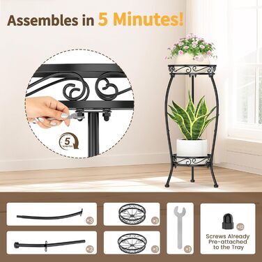 Дворівнева підставка для рослин чорного кольору для використання в приміщенні та на вулиці, для великих, високих квіткових горщиків на терасі, міцна вертикальна металева полиця для вузьких кутів підлоги, стабільний тримач-органайзер, чорний відтінок