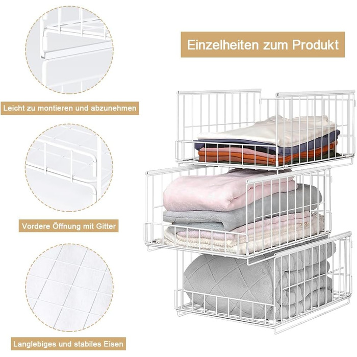Організатор для шафи з 3 предметів, штабелювана коробка для зберігання, органайзер для шухляд шафи, металева полиця, складна система організації гардеробу для дому, білий, великий