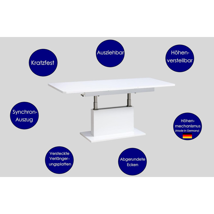 Розсувний журнальний столик designimpex DC-1, регульована висота 126/168 см, білий глянець, сучасний, універсальний стіл для вітальні, обідній стіл, журнальний столик, журнальний столик до дивана, що економить місце, високоякісний журнальний столик для ві