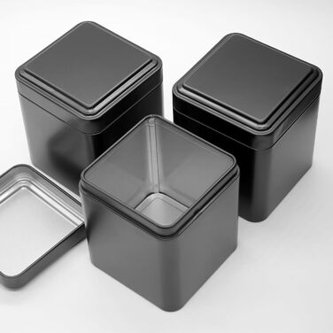 Класичних квадратних чайних банок 7 7 8,5 см для розсипного чаю, металеві чайні банки чорного кольору, включаючи 20 етикеток, для чаю, кавових зерен, спецій, 12