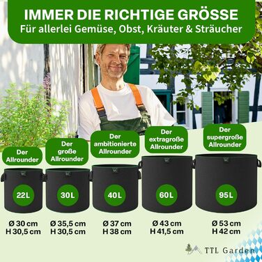 Мішки для посадки рослин TTL GARDEN 10 x 22 л з нетканого матеріалу - Набір з 10 шт. (20 л 10 22 літри) - Мішки для посадки з фетру та нетканого матеріалу 300 г/м - Контейнери для посадки на балкон, терасу, теплицю та саду - 22 літри - Набір з 10 шт. - Ун