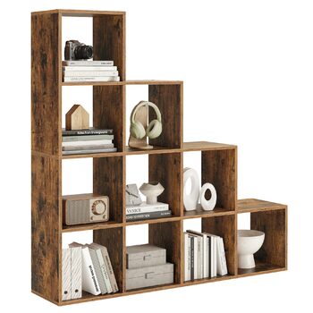 Відкрита книжкова полиця з 10 відділеннями, багаторівнева полиця, система зберігання для декору, фотографій, рослин, вітальня, спальня, кабінет, 29 x 129,5 x 129,5 см, вінтажний коричневий LBC10BX