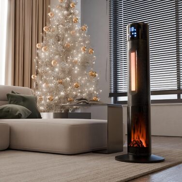 Окремостоячий обігрівач Tronitechnik вежа 1000/2000 Вт з пультом дистанційного керування, таймером, ефектом димоходу, керамічним вежевим обігрівачем, функцією коливань, TT-KH-73 - чорний