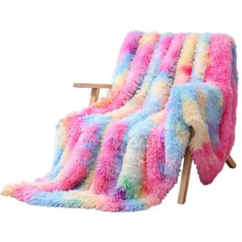Пухнастий плед KANKAEU, надзвичайно м&39який та двосторонній райдужний плед 160x200 см, для дивана, ліжка та як декоративний плед, можна прати в пральній машині, ідеальний подарунок на зиму та Різдво, райдужний 160 200 см