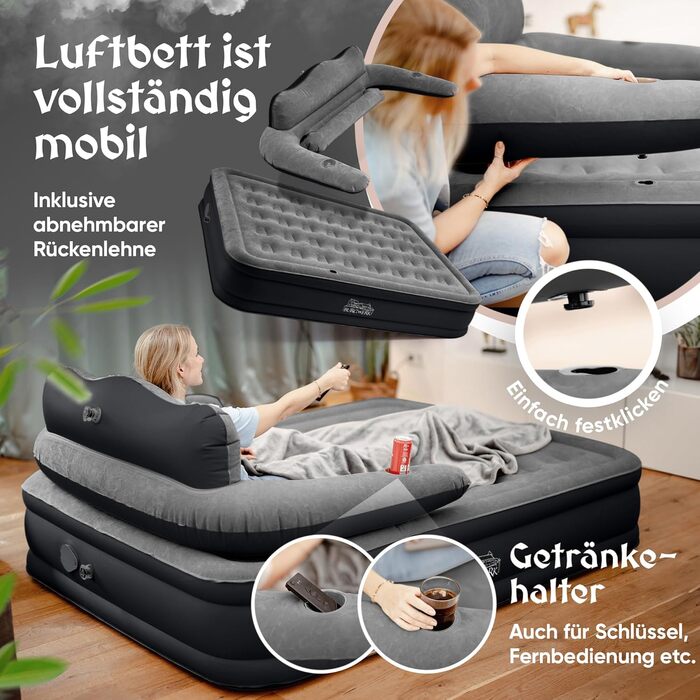 Надувний матрац для 2 осіб система 3 в 1 Елегантне гостьове ліжко та кемпінгове ліжко Надувний матрац з електричним насосом 150x200 Самонадувальний надувний матрац для 2 осіб, чорний/антрацит