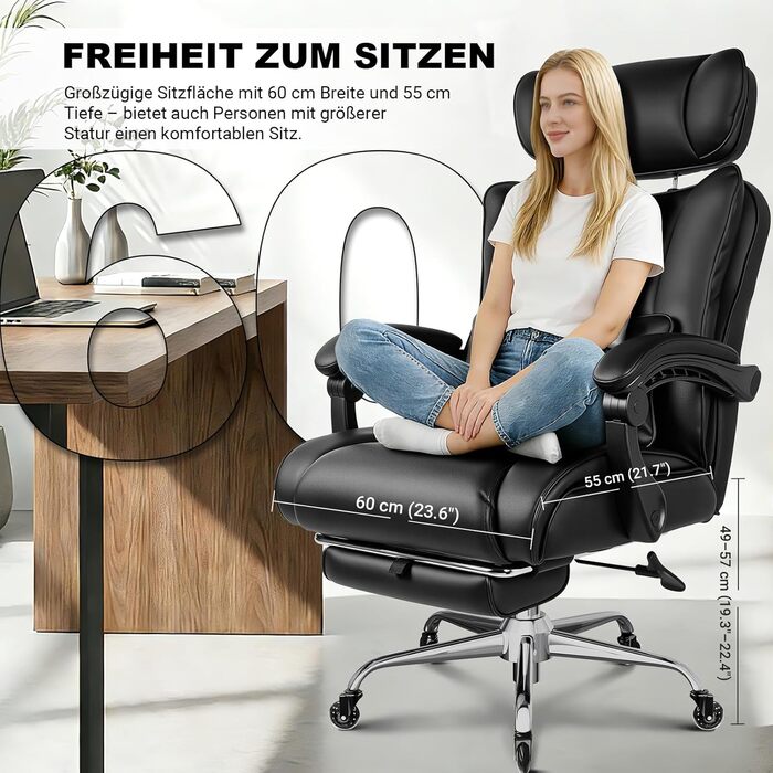 Офісне крісло BASETBL 200 кг, крісло керівника з 4-рівневою газовою пружиною, 3D-підлокітники, регульована поперекова опора та підголівник, тихі гумові ролики, широке сидіння XXL, EN12520, ергономічне офісне крісло чорного кольору з гумовими роликами