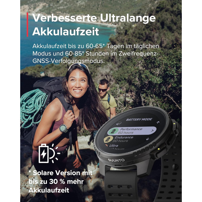 Годинник SUUNTO Vertical Adventure смарт-годинник із GPS, двочастотна GPS-навігація, безкоштовні офлайн-карти, сонячна зарядка, час роботи від батареї до 65 днів, корпус військового класу, водонепроникність 100 м, повністю чорний вертикальний корпус