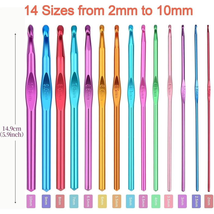 Набір гачків 14 предметів, гачки для в&39язання, набір гачків, спиці з різнокольорового алюмінію 14 розмірів 2 мм - 10 мм, набір для в&39язання, набір для в&39язання, приладдя для в&39язання.