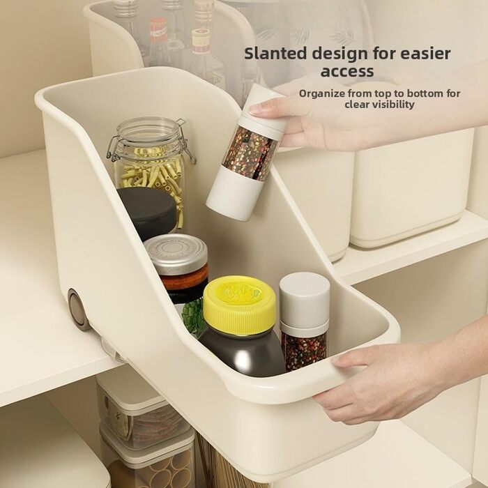 Кухонний ящик для зберігання, пластиковий, з колесами, для каструль та кришок, кутове відкриття, для двосторонніх пазів, 38 x 15 x 22 см, бежевий