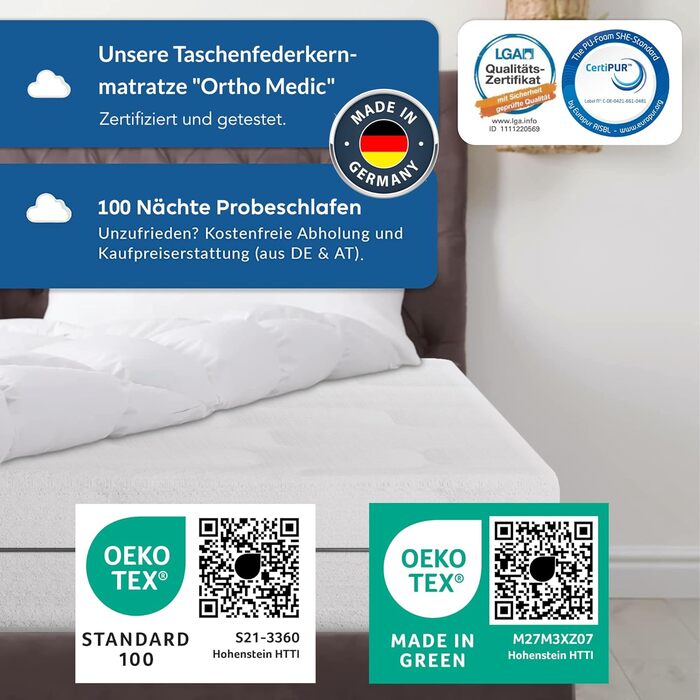 Матрац BMM Ortho Medic Plus 90x200 H4 пружинний матрац з кишеньковою структурою, 7 зон, висота 25 см, безпечний для спини при болях у спині, сертифікований Oeko-Tex, зроблений у Німеччині, надзвичайно жорсткий 90 x 200 см