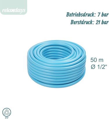 Шланг садовий Relaxdays, на вибір довжини, універсальний водопровідний шланг 1/2, стійкий до УФ-випромінювання та погодних умов, PP, світло-блакитний, 50 м