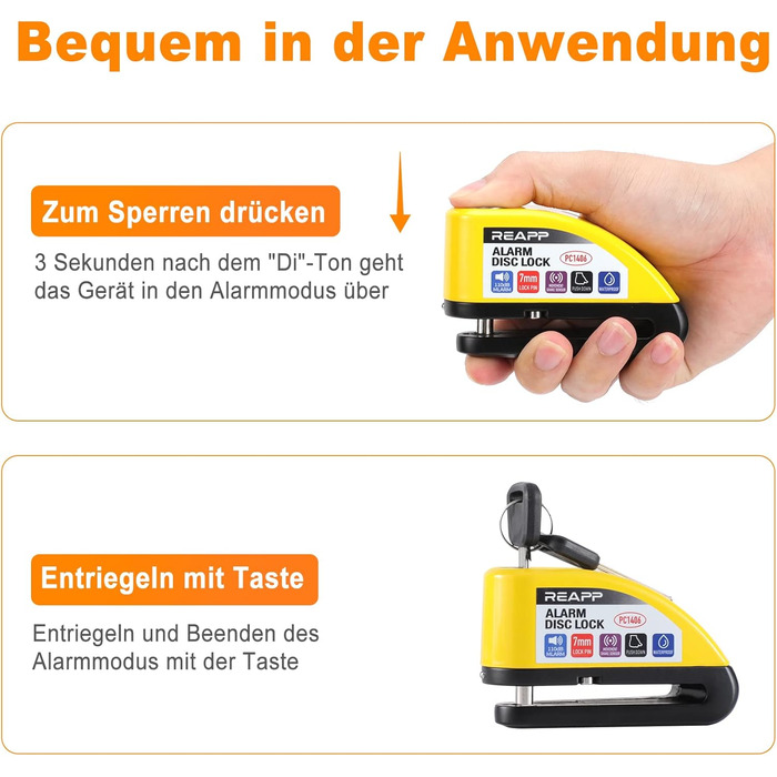 Замок гальмівного диска з сигналізацією 110 дБ, жовтий, для мотоциклів і велосипедів, з 1,5 м кабелем