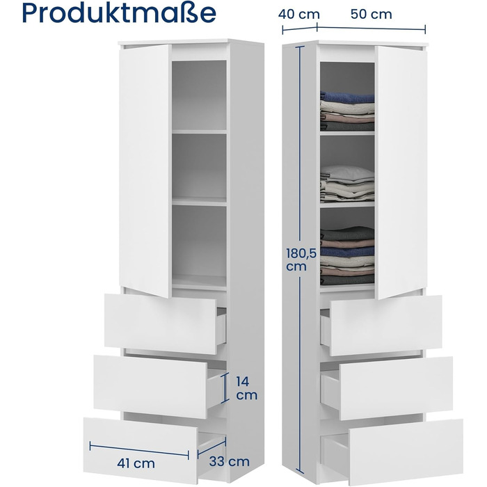 Гардеробна шафа Home Collective, вішалка для одягу, багатофункціональна шафа з 3 полицями та 3 шухлядами Функціональна шафа для спальні, коридору або кабінету 50x40x180 см (ШxГxВ) Білий
