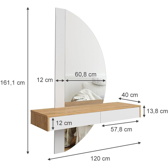 Туалетний столик Vicco Melisa, дуб/білий, 120 см зі світлодіодним підсвічуванням Білий зі світлодіодним дзеркалом