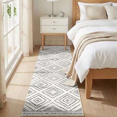 Килимова доріжка для коридору, 60 x 300 см, нековзка кухонна доріжка, килимова доріжка з коротким ворсом, яку можна прати, складається, дизайн бохо для коридору, кухні, вітальні та офісу, чорно-білий, 60 x 300 см