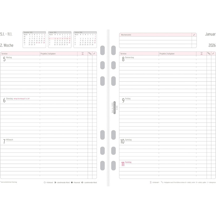 Вкладиш-календар Chronoplan 50576 2026 (тижневий планувальник A5 (148x210 мм) Змінний календар для планувальників зустрічей, ідеально підходить для детального тижневого планування, 1 тиждень на 2 сторінках у рядки, з універсальним перфоратором) білий