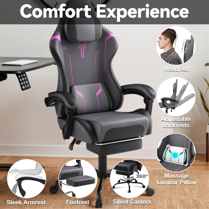 Ергономічне ігрове крісло UISEBRT з масажем та підставкою для ніг, зручне ігрове крісло, регульована спинка, підголівник та масажна поперекова подушка - сірий, чорний та фіолетовий