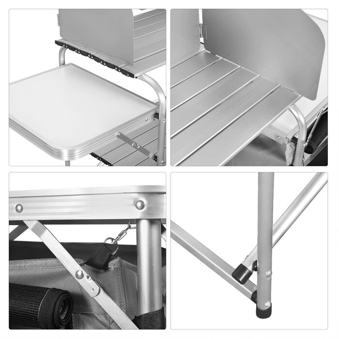 Складана кемпінгова шафа/кемпінгова кухня WOLTU, включаючи сумку для перенесення з алюмінієвою рамою, портативні/складні меблі для кемпінгу на відкритому повітрі з алюмінію та МДФ для пікніків, пляжу, використання на свіжому повітрі, білий сірий