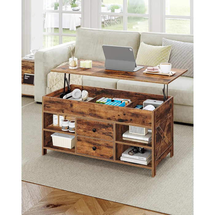 Журнальний столик Hzuaneri, стіл для вітальні з регульованою висотою, диван-столик, 2 шухляди та приховане місце для зберігання, 50 x 100 x 47,3-61,3 см, для вітальні, їдальні, офісу, вінтажний коричнево-чорний CT22101B