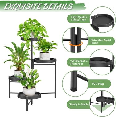 Підставка для рослин, металева підставка для квіткових горщиків з 4 ярусами, багаторівнева полиця для рослин, стійка для квітів, драбина для рослин для кута кімнати, вітальні, балкону, тераси, двору (4-ярусна, чорна)