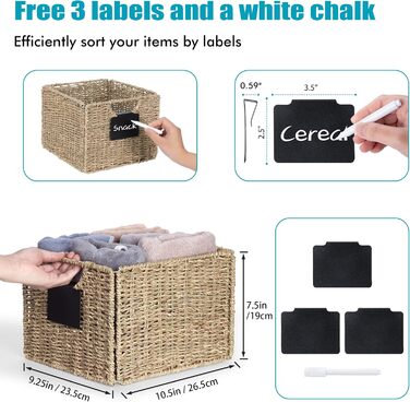 Набір із 3 прямокутних кошиків для зберігання з морської трави, 26,5 x 24 x 19 см / Складаний плетений кошик, полиця, коробка для зберігання, плетений кошик з натуральної верби, органайзер для ванної кімнати, вітальні, 24 см x 26,5 см x 19 см, морська тра