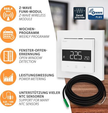 Кімнатний термостат Heatit Z-TRM6 Z-Wave Plus з EXT. Датчик для теплої підлоги електричний і водяний, ІЧ нагрів, колір білий RAL 9003