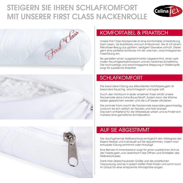 Подушка для шиї CelinaTex First Class, 2 валика для шиї, 40 x 15 см, мікрофібра, порожниста, дихаюча, стійка до кипіння, з набивкою-блискавкою, волокнистий наповнювач, 2 шт., 40 x 15 см