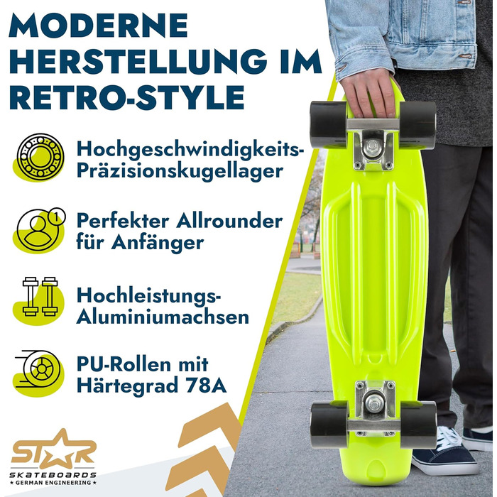 Скейтборд BIKESTAR Vintage Retro Cruiser 60 мм - круїзерний скейтборд для дітей та дорослих, початківці від 6-8 років, ретро дизайн Gecko Green Devilish Black