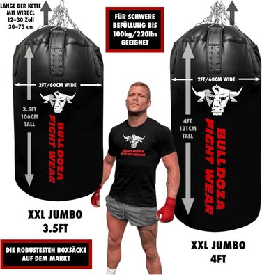 Боксерська груша Jumbo Giant XXL Bull Doza Fight Wear Heavy Duty із самонаповнювальним механізмом, підвісними ланцюгами, поворотним механізмом, карабіном, для ММА, кікбоксингу, муай-тай, бойових мистецтв XXL JUMBO 4FT