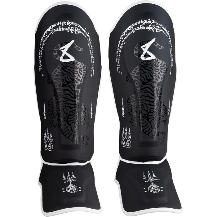 ВИДІВ ЗБРОЇ Щитки для гомілок Sak Yant Big Tiger, матово-чорні, для тренувань та змагань, високоякісна синтетична шкіра, ідеальна амортизація та міцні шви, муай-тай, K1, MMA, карате та кікбоксинг, 8