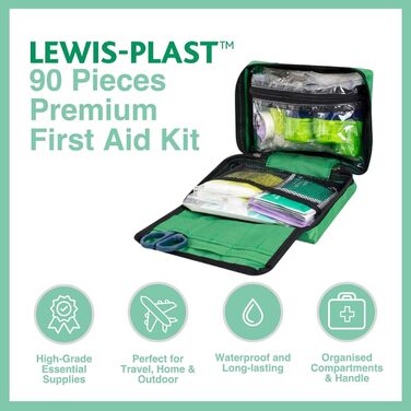 Аптечка преміум-класу Lewis-Plast на 90 предметів - містить очну рідину, 2 пакети з холодом (льодом) та ковдру для дому, офісу, ав