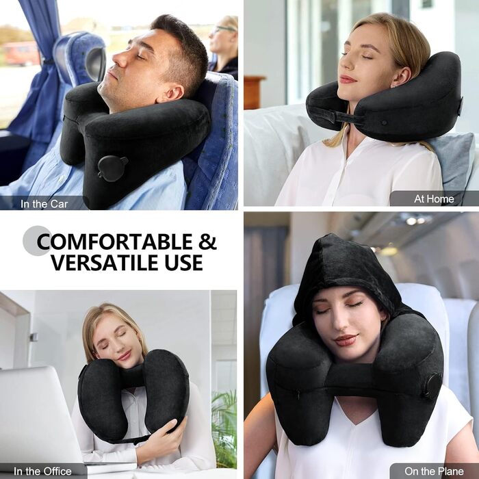 Подушка Sunany Neck Pillow Airplane with Hood, Travel Pillow for Air Travel and Car, Inflatable and Comfortable Travel Neck Pillow Adults, Supports Head, Neck and Chin - Black