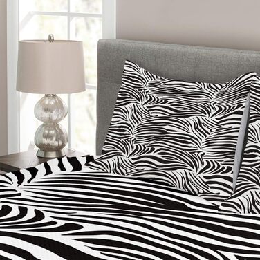 Комплект покривал із зебровим принтом, Дикі зеброві смужки, Комплект з наволочками, Яскраві кольори, для двоспальних ліжок 264 x 220 см, Білий Чорний