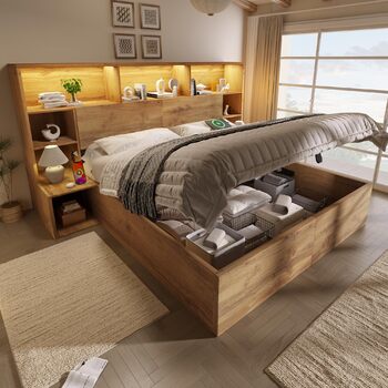 Двоспальне ліжко ANIROY, дерев&39яне ліжко 180x200 см, гідравлічне ліжко з місцем для зберігання речей та узголів&39ям, узголів&39я для зберігання речей зі світлодіодним підсвічуванням та портом USB-C, каркас ліжка System з рейковою основою, матрац не вхо