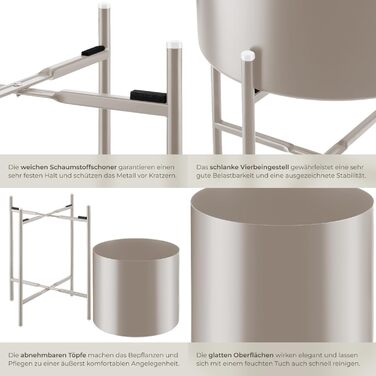 Підставка для рослин tectake, набір із 2 предметів, підставка для квітів, металевий квітковий горщик, знімні кашпо, декоративні квіткові горщики для вітальні, кашпо для використання в приміщенні та на вулиці, квітковий пуф з ніжками та кашпо - сіро-коричн