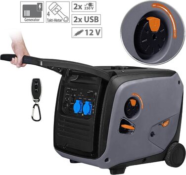 Генератор струму revolt Бензиновий інверторний генератор, 4000 Вт, 2 x 230 В, 1 x 12 В, 2 x USB, 12 л (Інверторний генератор струму, бензин, живлення)