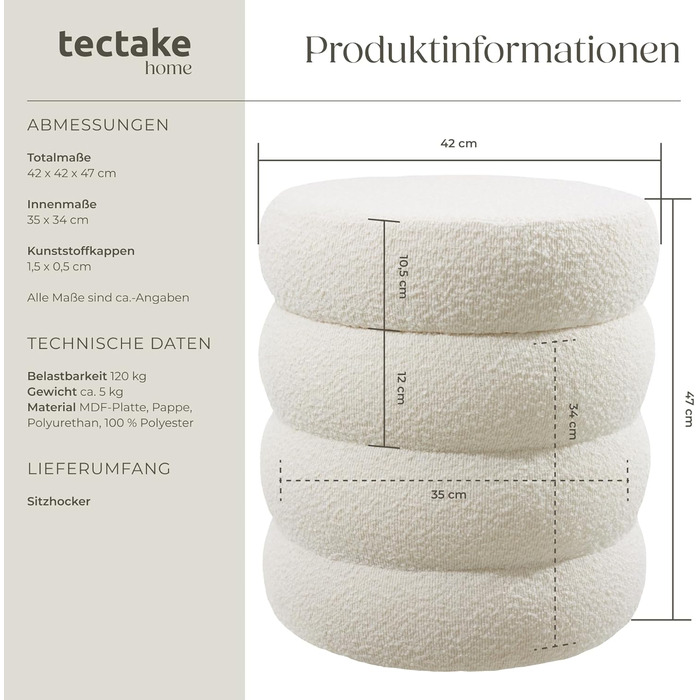 Табурет tectake для зберігання речей, пуф у скандинавському стилі з тканини букле teddy, круглий м&39який табурет для туалетного столика, меблі для вітальні, меблі для коридору, табурет для зберігання речей, Ø 42 x 47 см - букле кремово-білий 42Г x 42Ш x 