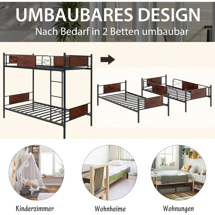 Двоярусне ліжко COSTWAY, двоярусне ліжко 2-в-1, що трансформується, з драбиною, 190 x 90 см, промислове ліжко-горище з металу, дво