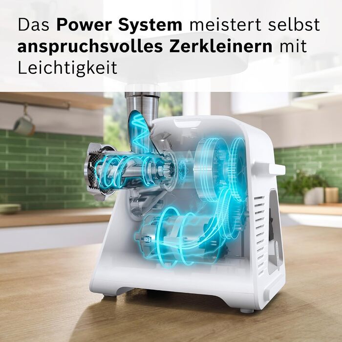 М'ясорубка Bosch MultiPower Serie 6 MFWS607W, 2 перфораційні решітки (4,5 та 8 мм), нержавіюча сталь, підходить для посудомийки, насадки для кеббе та ковбас, потужність 2100 Вт, біла